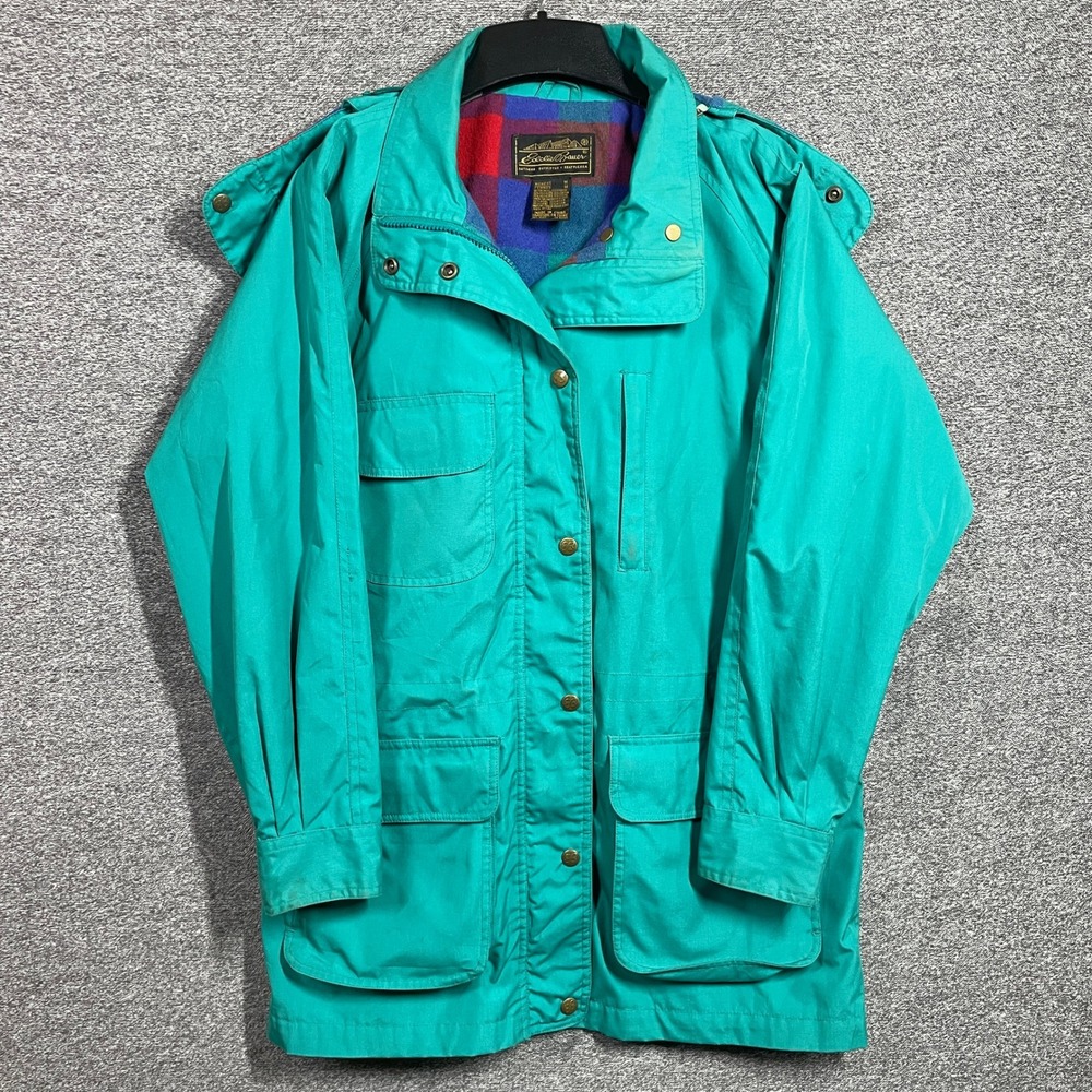 Vintage Eddie Bauer Teal Green Mountain Parka Plaid Wool Lined Jacket Womens M